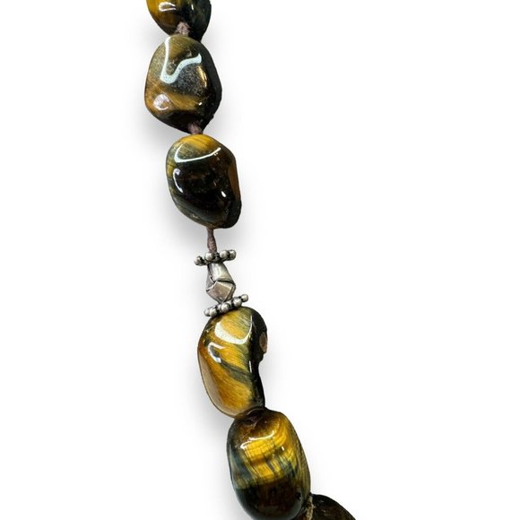Heavy Sterling Silver Chunky Tigers Eye Necklace Hook Clasp 20” - Picture 4 of 8